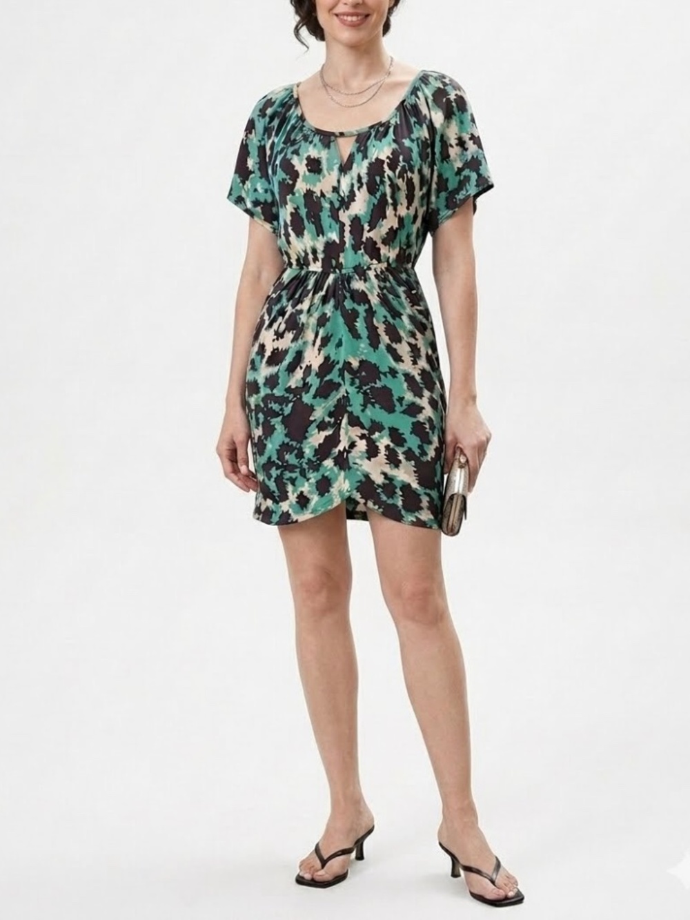 Yoana Baraschi Green Abstract Animal Print Dress Dolman Sleeve Dress Sz XS